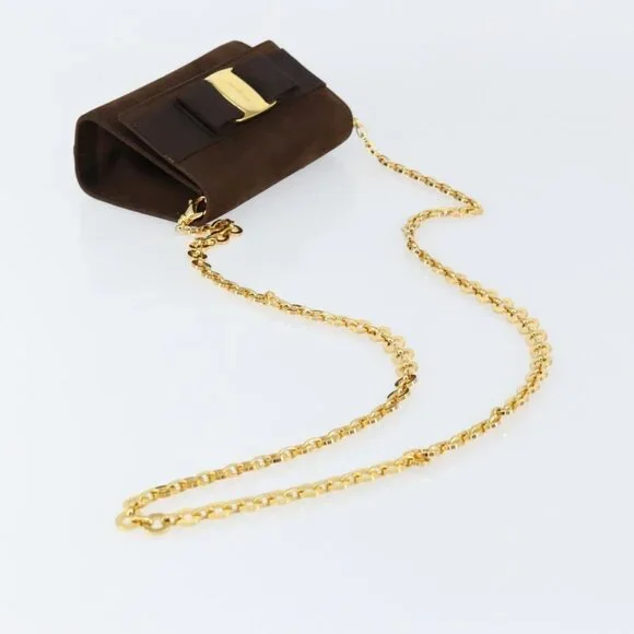 Authentic Salvatore Ferragamo Vala Chain Shoulder Bag Suede Brown Gold - Picture 14 of 16